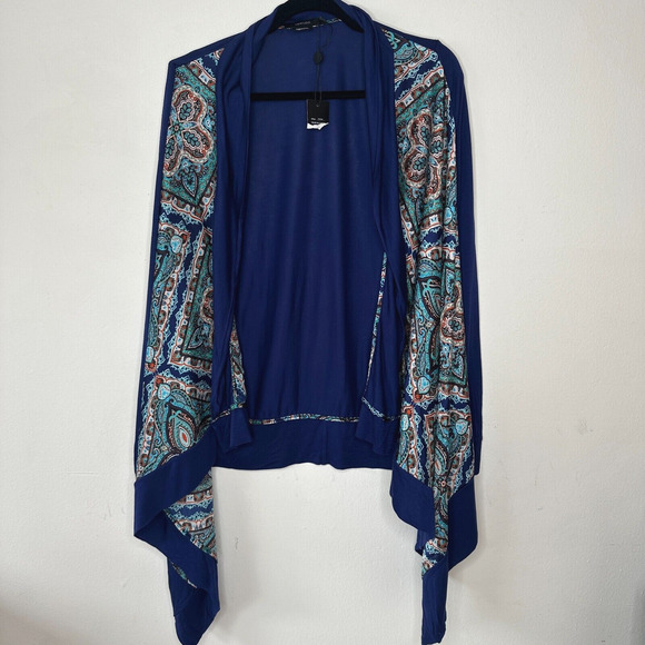 Vertigo Satin High Low Paisley Royal Blue Orange Long Sleeve Drape Cardigan S - Picture 3 of 15